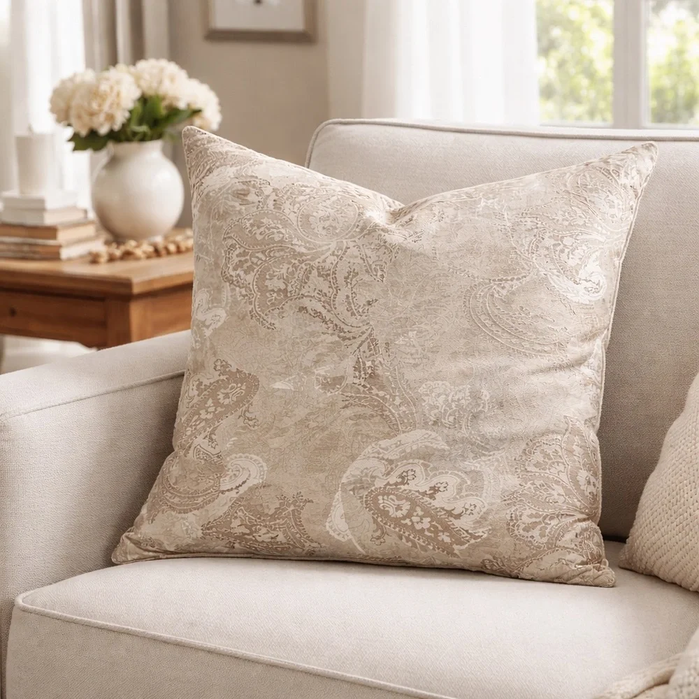 Pottery Barn Willow Paisley Pillow Cover 24” x 24” Neutral Cotton Linen